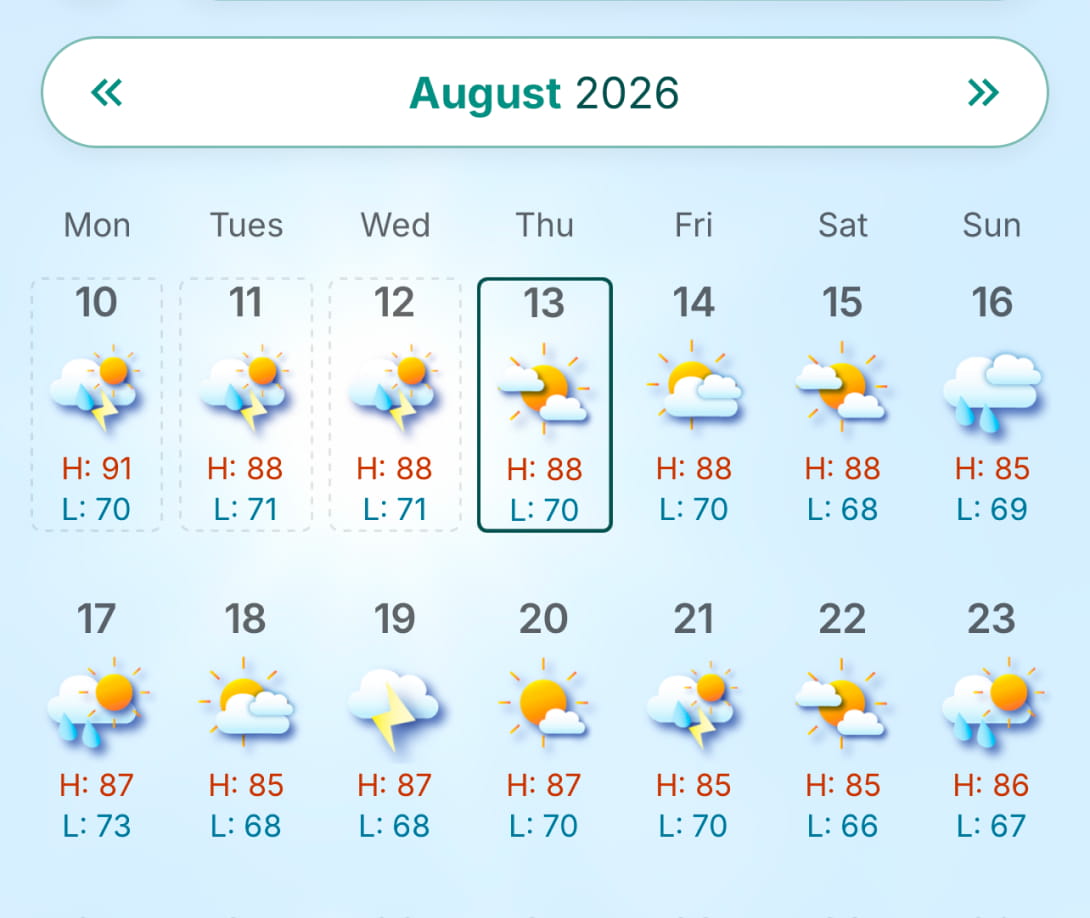 Calendar view showing daily weather overviews.