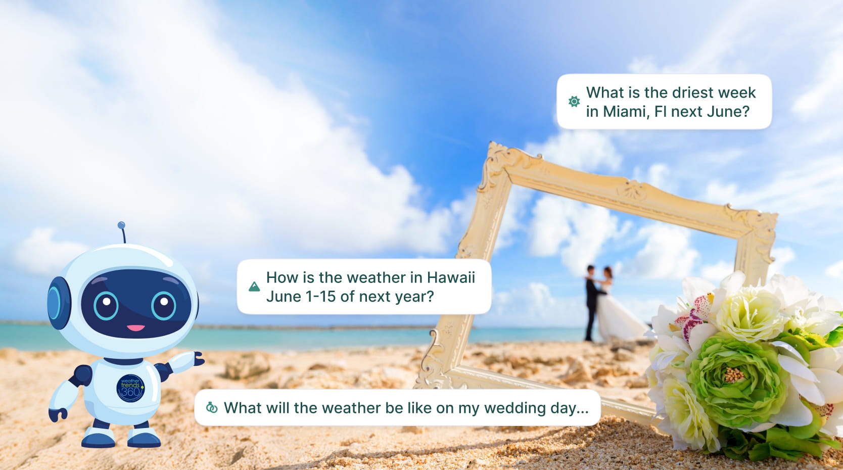 Picture of a beach with a frame and bouquet of flowers in the sand and a married couple in the background. The questions “What is the driest week in Miami, FL next June?”, “How is the weather in Hawaii June 1-15 of next year?”, and, “What will the weather be like on my wedding day...”