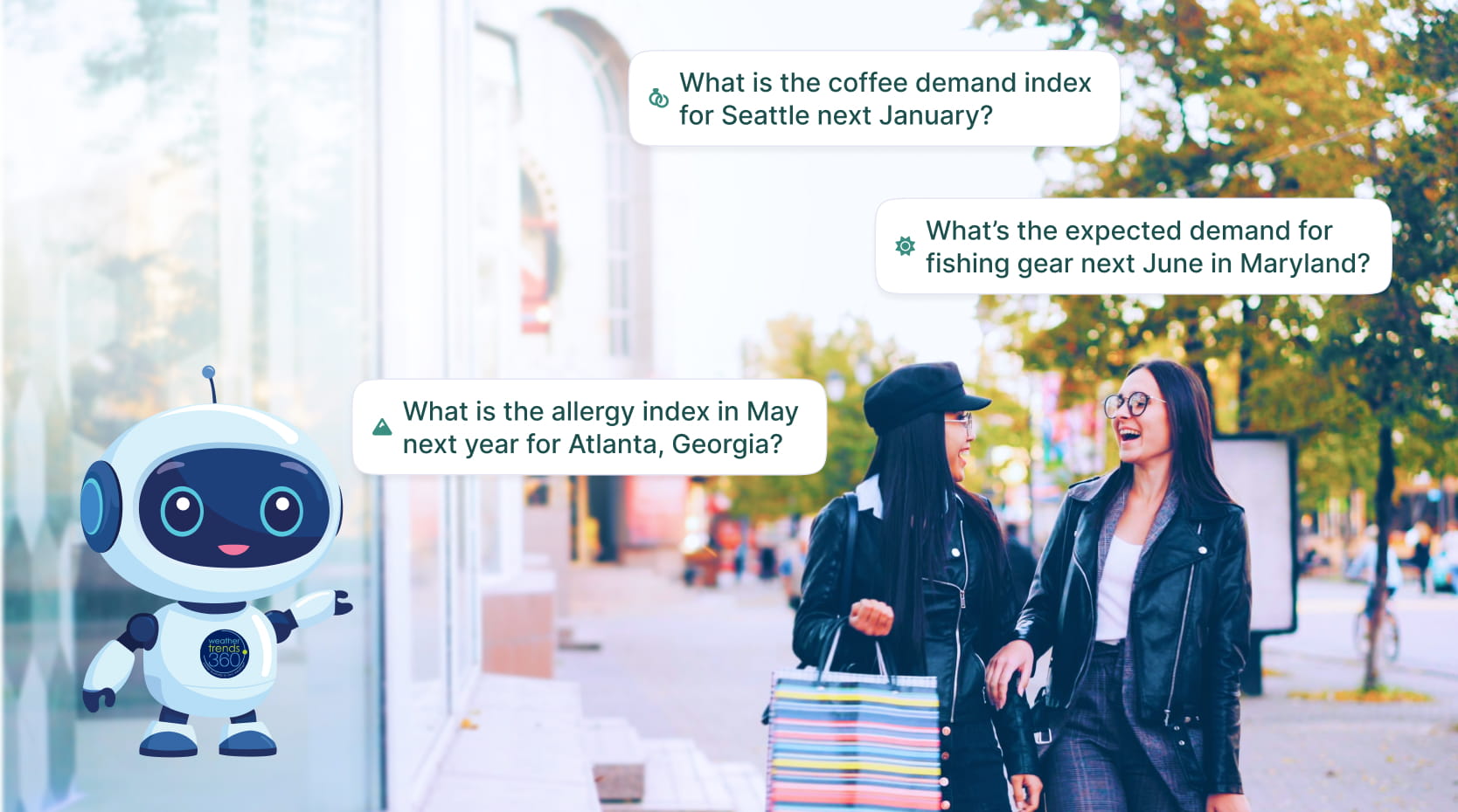 Picture of a pair of friends shopping together at the mall with the questions, “What is the coffee demand index for Seattle next January?”, “What’s the expected demand for fishing gear next June in Maryland?”, and “What is the allergy index in May next year for Atlanta, Georgia?”
