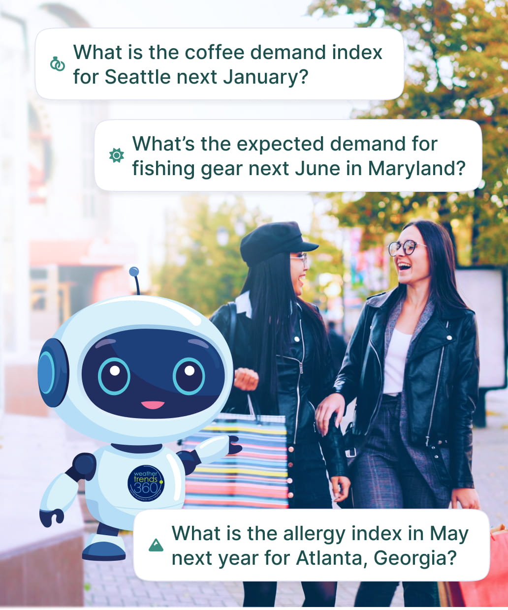 Picture of a pair of friends shopping together at the mall with the questions, “What is the coffee demand index for Seattle next January?”, “What’s the expected demand for fishing gear next June in Maryland?”, and “What is the allergy index in May next year for Atlanta, Georgia?”