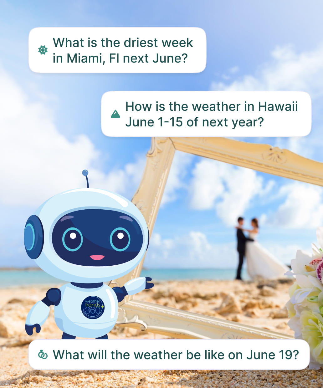 Picture of a beach with a frame and bouquet of flowers in the sand and a married couple in the background. The questions “What is the driest week in Miami, FL next June?”, “How is the weather in Hawaii June 1-15 of next year?”, and, “What will the weather be like on my wedding day...”