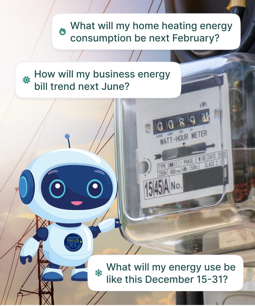 Picture of a watt-hour meter and electric power lines. The questions, “What will my home heating energy consumption be next February?”, “How will my business energy bill trend next June?”, and “What will my energy use be like this December 15-31?”