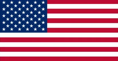 The American flag with 50 white stars on blue and 13 red and white stripes.