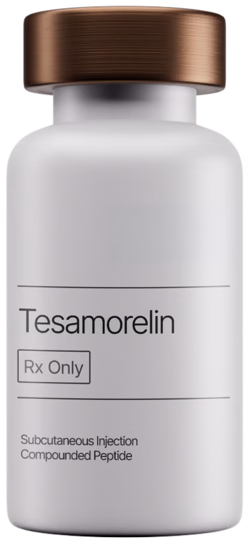 White medication bottle labeled Beyond Whoosh Tesamorelin Rx Only for subcutaneous injection