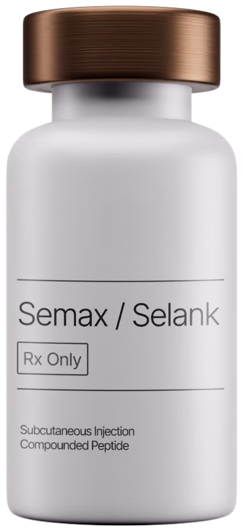White vial with bronze cap labeled Beyond Whoosh Semax / Selank RxOnly for subcutaneous injection.