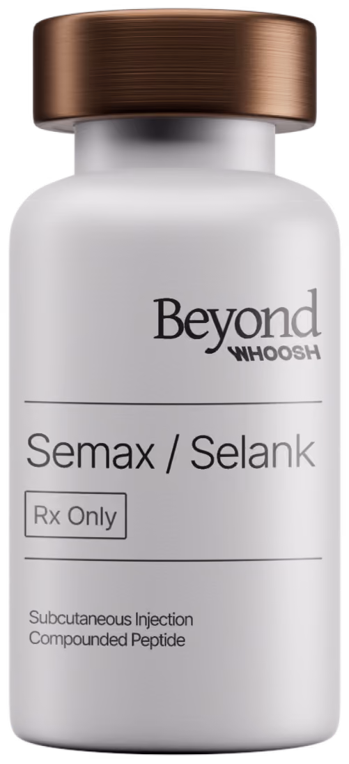 White vial with bronze cap labeled Beyond Whoosh Semax / Selank RxOnly for subcutaneous injection.