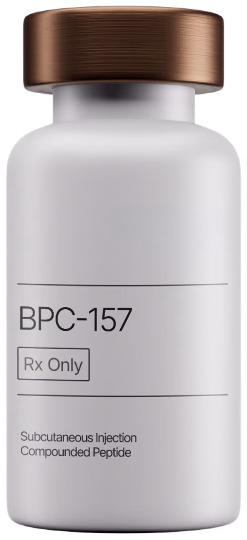 White medicine bottle labeled Beyond Whoosh BPC-157 Rx Only subcutaneous injection peptide.