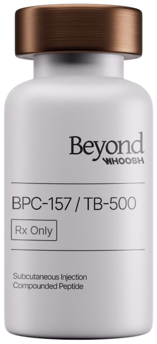 Amber bottle labeled Compounded Tesamorelin subcutaneous injection with a copper-colored cap.