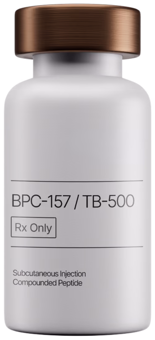 Amber bottle labeled Compounded Tesamorelin subcutaneous injection with a copper-colored cap.