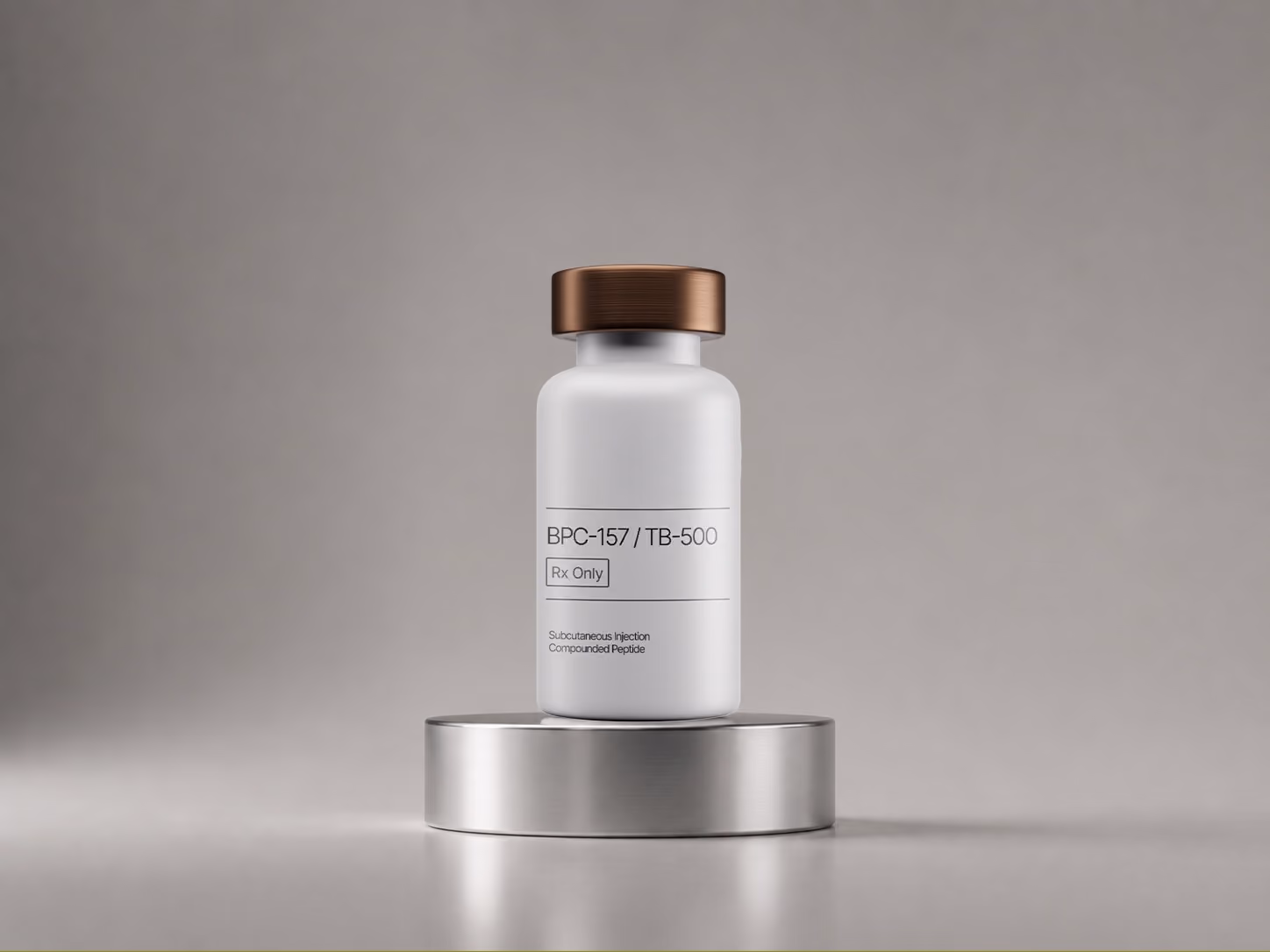 Amber pill bottle labeled Tirzepatide with 30 tablets, placed on a round stone platform.