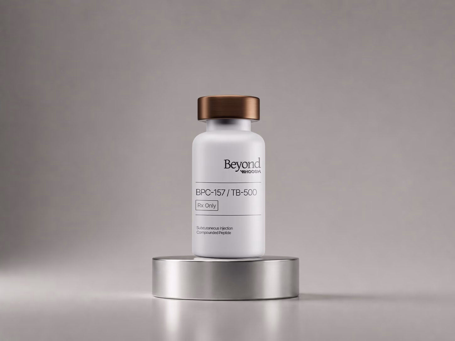 Amber pill bottle labeled Tirzepatide with 30 tablets, placed on a round stone platform.