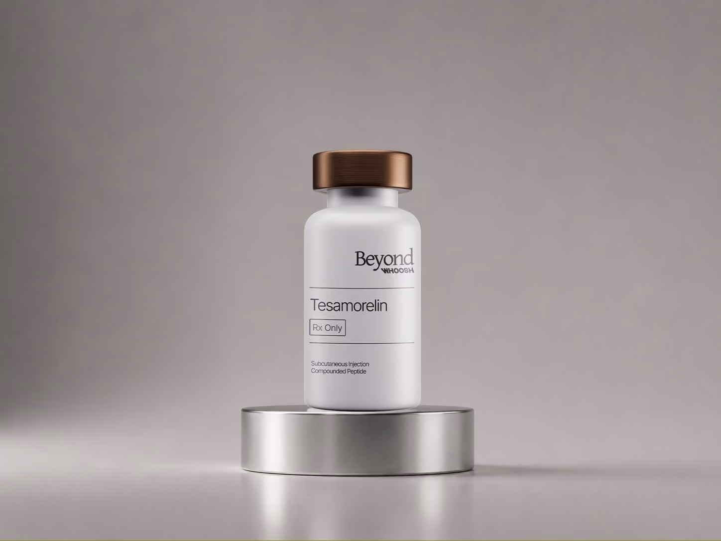 Amber pill bottle labeled Tirzepatide with 30 tablets, placed on a round stone platform.