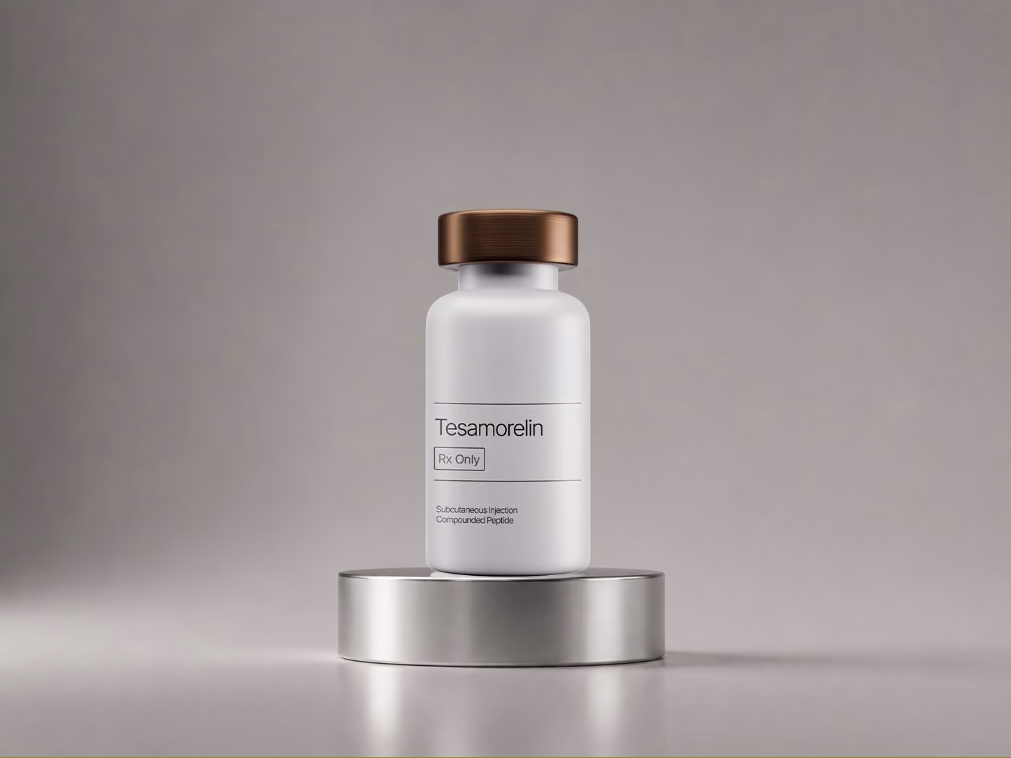 Amber pill bottle labeled Tirzepatide with 30 tablets, placed on a round stone platform.