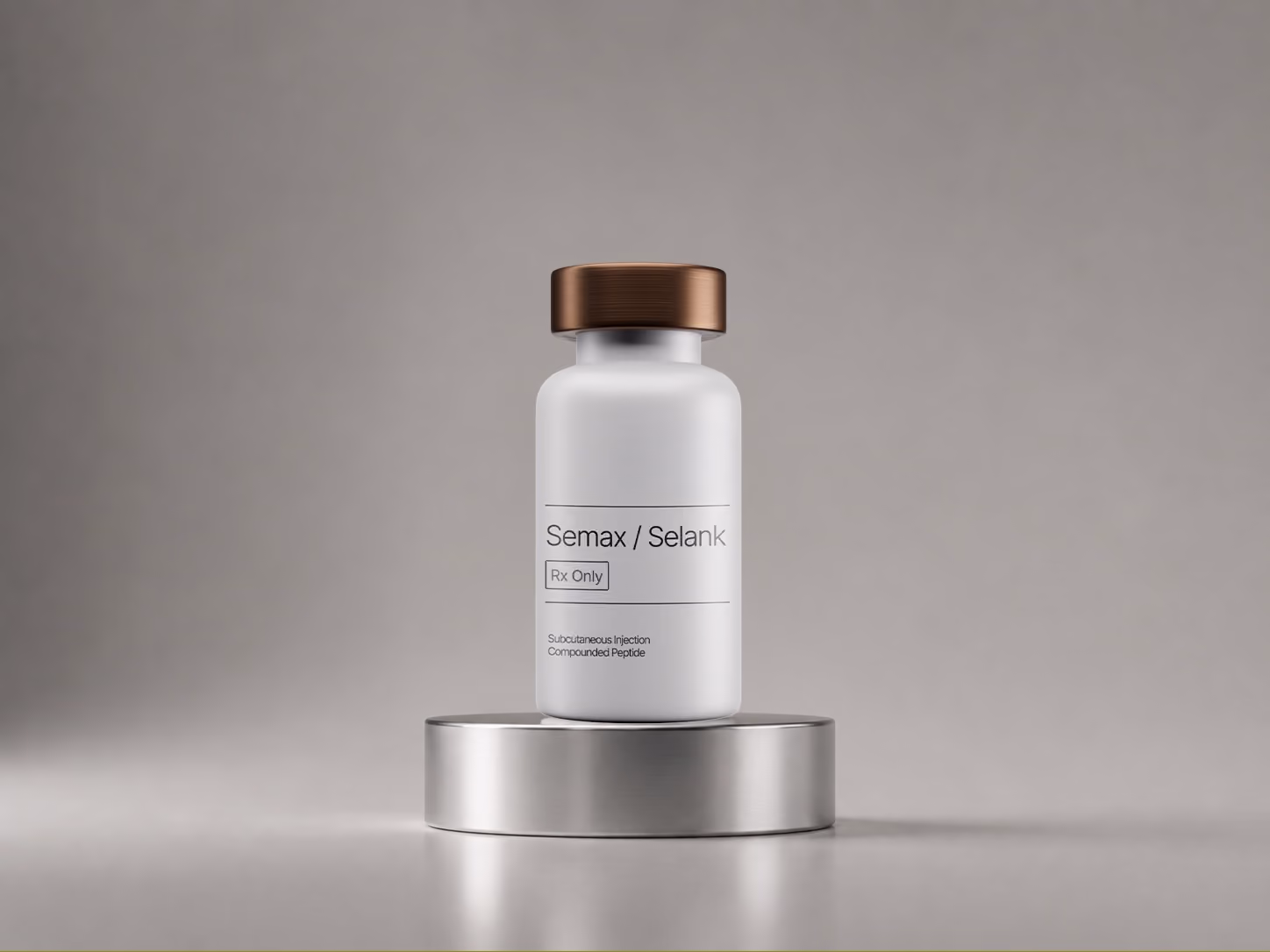 Amber pill bottle labeled Tirzepatide with 30 tablets, placed on a round stone platform.