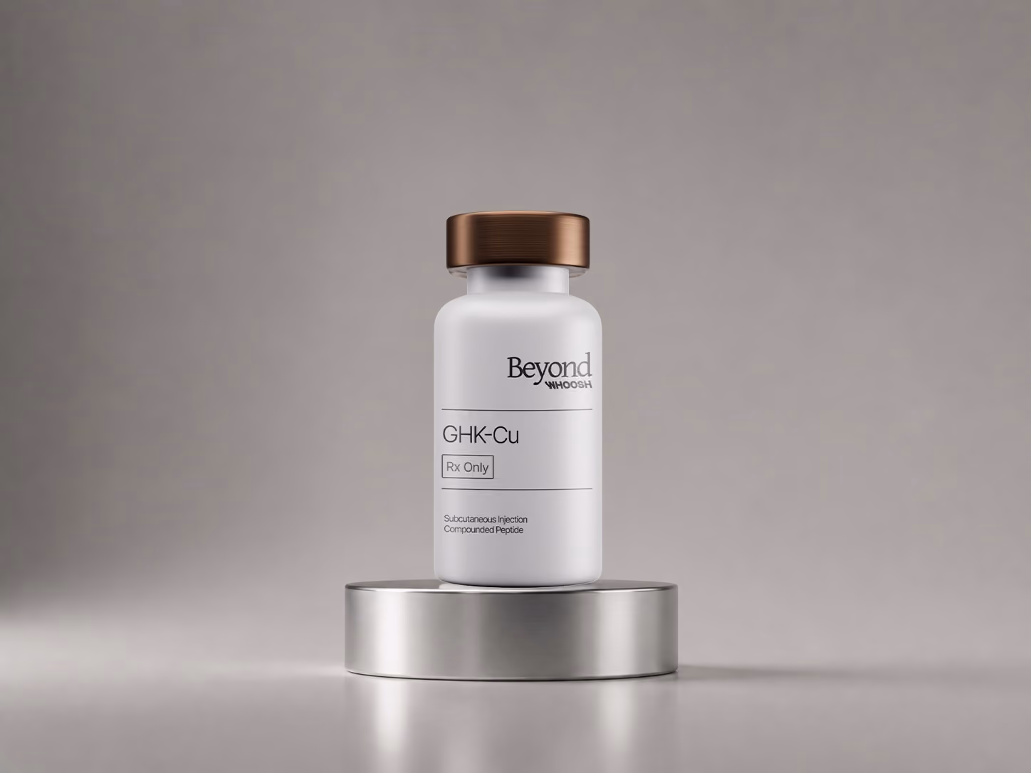 Amber pill bottle labeled Tirzepatide with 30 tablets, placed on a round stone platform.