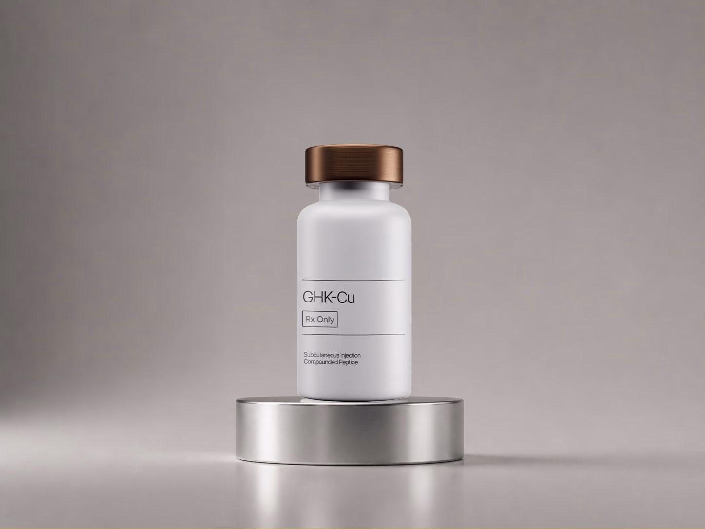 Amber pill bottle labeled Tirzepatide with 30 tablets, placed on a round stone platform.