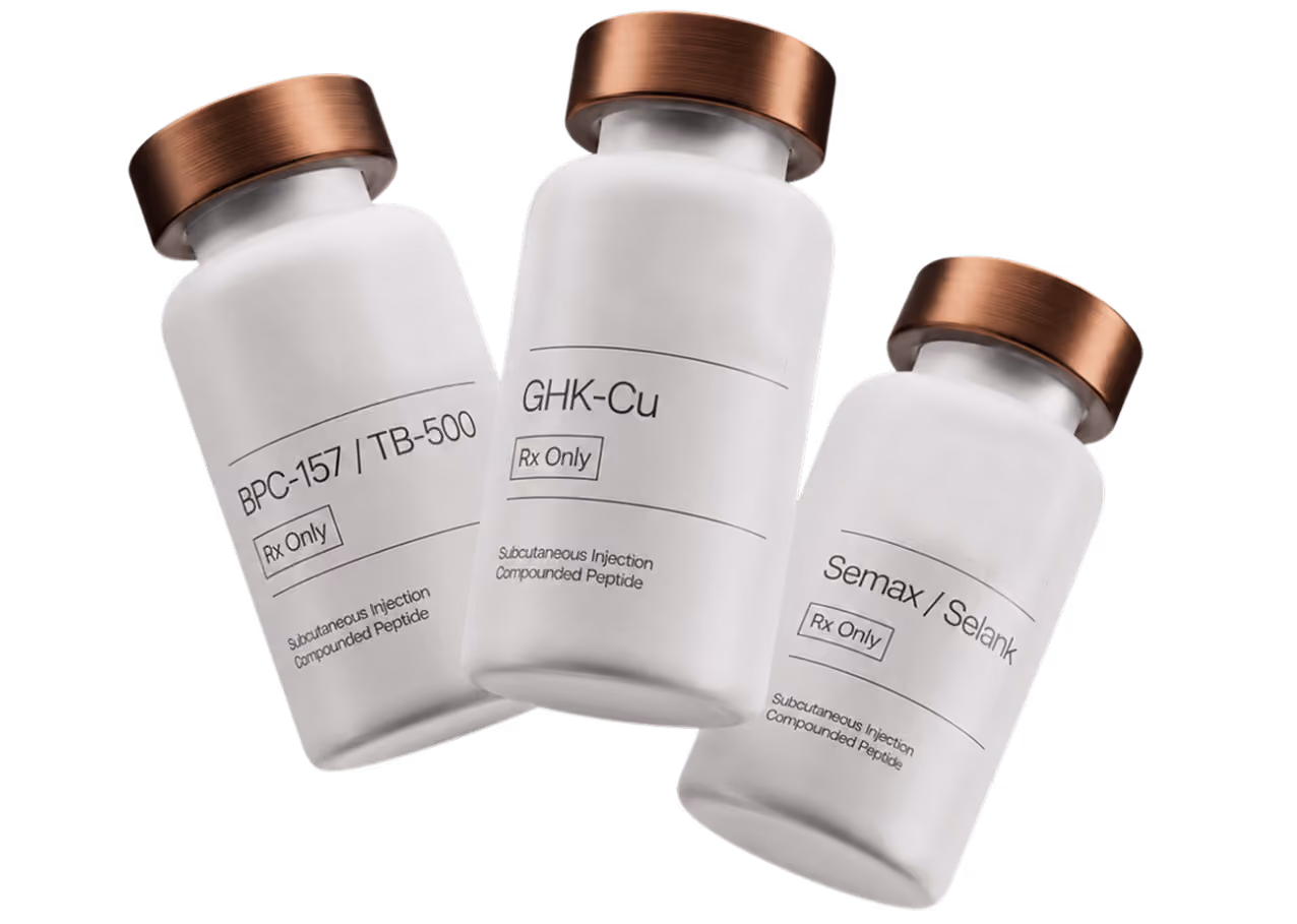 Three Beyond Whoosh bottles labeled BPC-157, GHK-Cu, and Semax/Selank for subcutaneous injection.