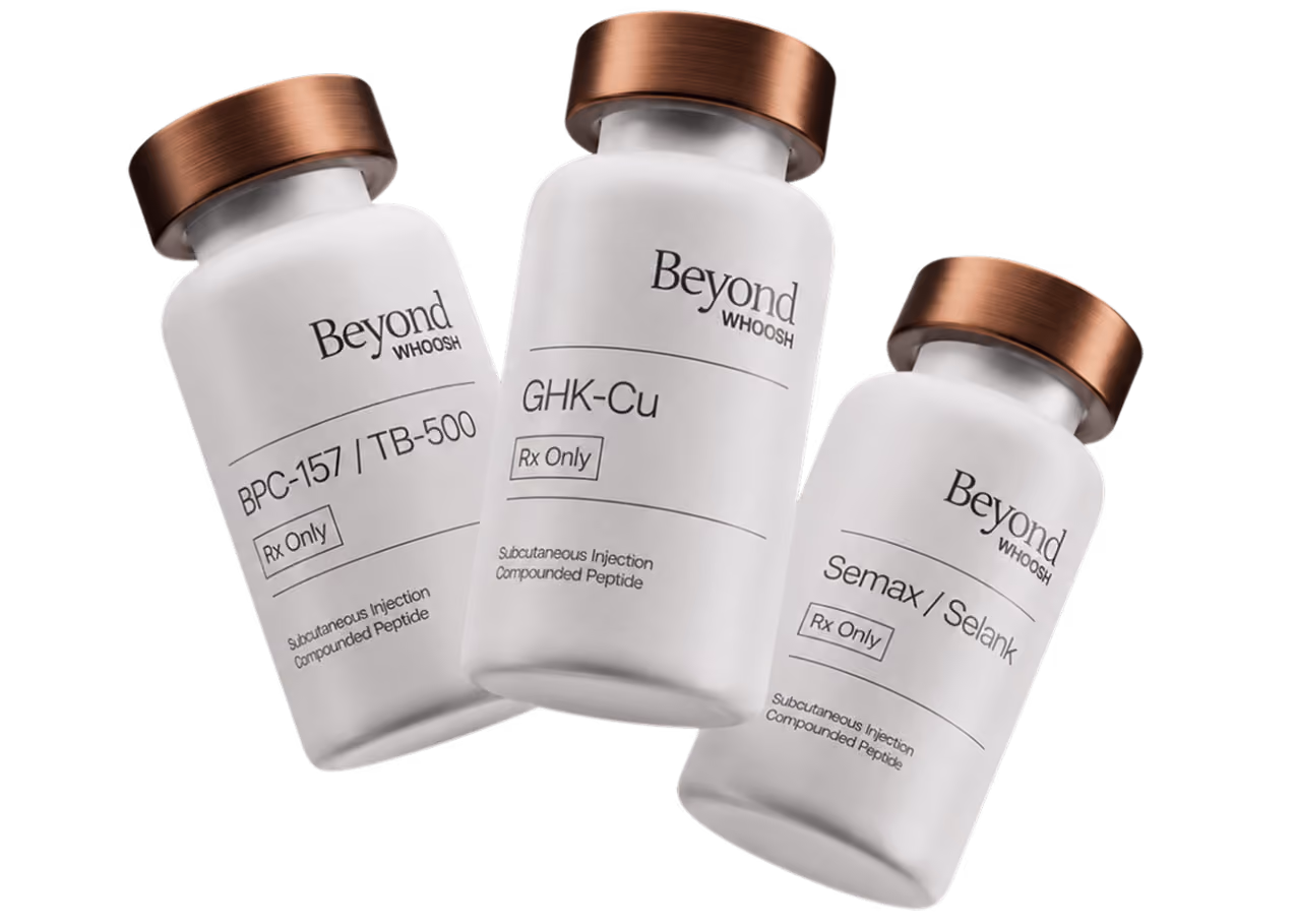 Three Beyond Whoosh bottles labeled BPC-157, GHK-Cu, and Semax/Selank for subcutaneous injection.