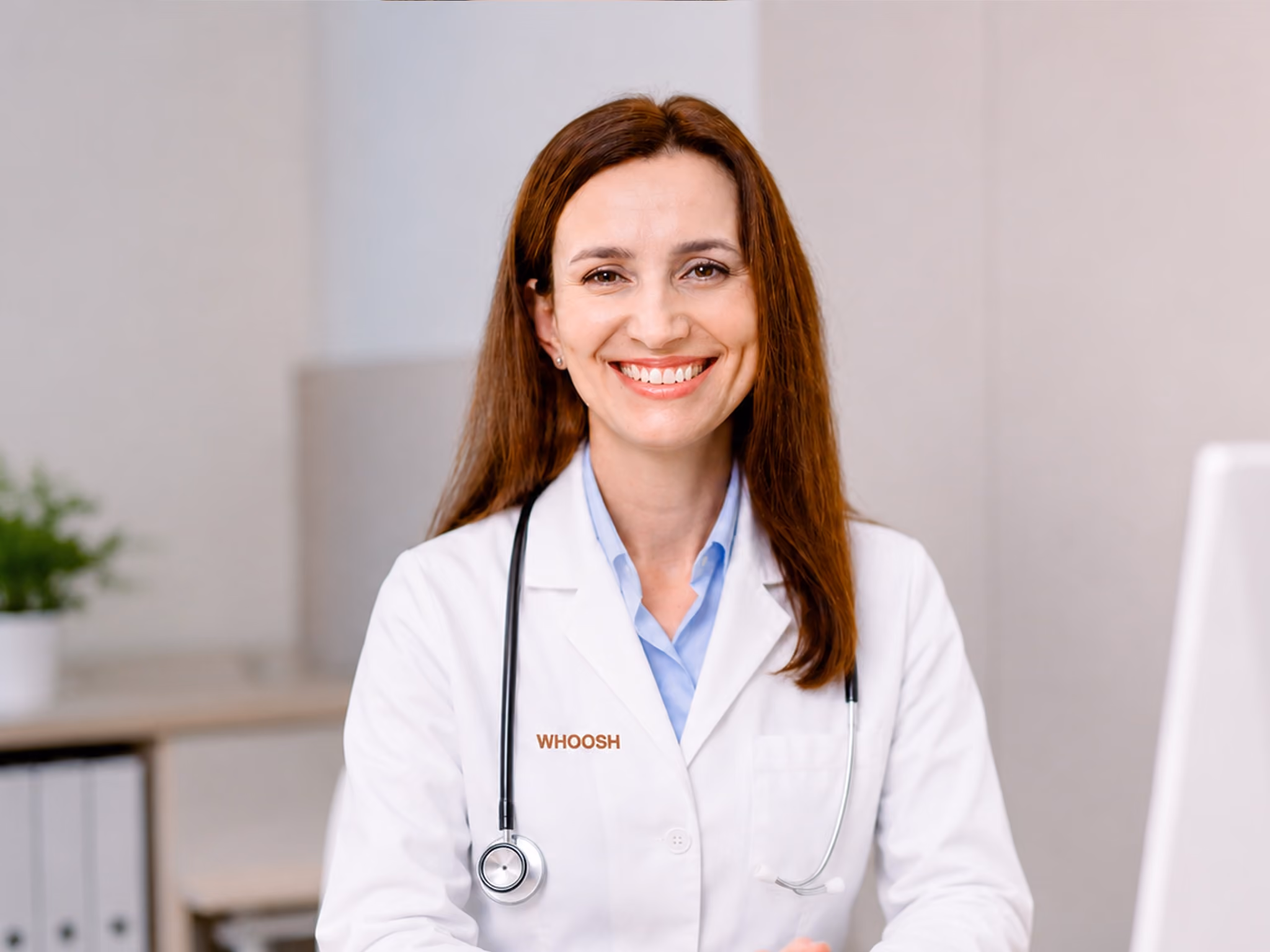 Smiling female doctor with long brown hair wearing a white coat and stethoscope around her neck in a bright office.