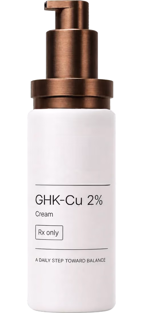 White vial labeled Beyond Whoosh GHK-Cu Rx Only subcutaneous injection peptide with brown cap.