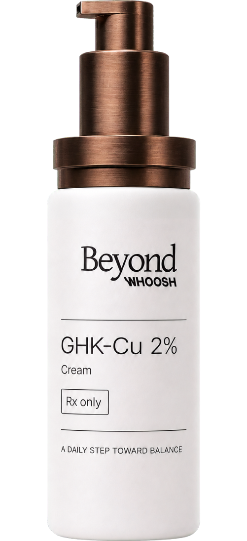 White vial labeled Beyond Whoosh GHK-Cu Rx Only subcutaneous injection peptide with brown cap.