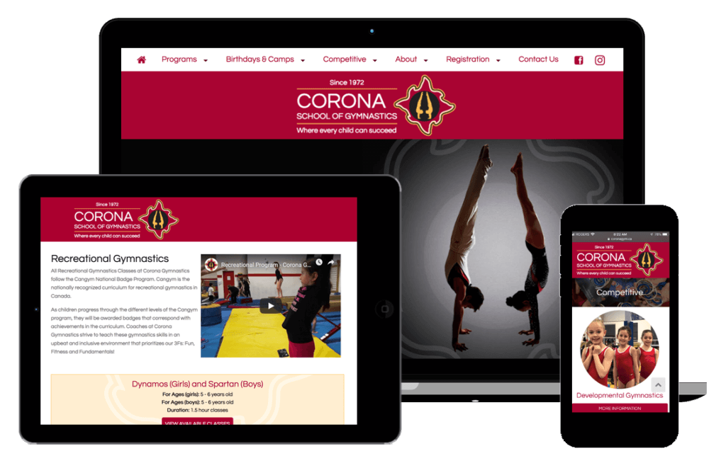Responsive gymnastics club site shown on mobile, tablet and desktop.