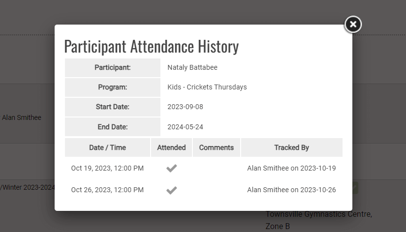 Seeing a history of a participant's attendance.