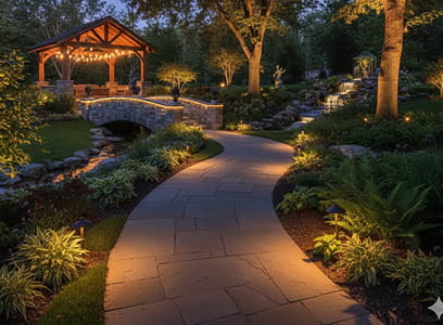Curved garden path with lights leading to a lit wooden gazebo and stone bridge at dusk.