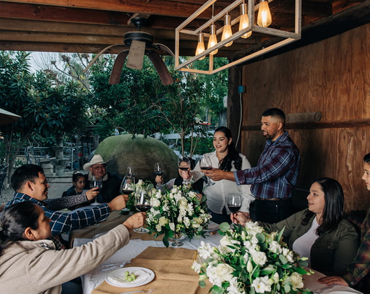 A group of people raising wine glasses in a toast around a decorated outdoor table.