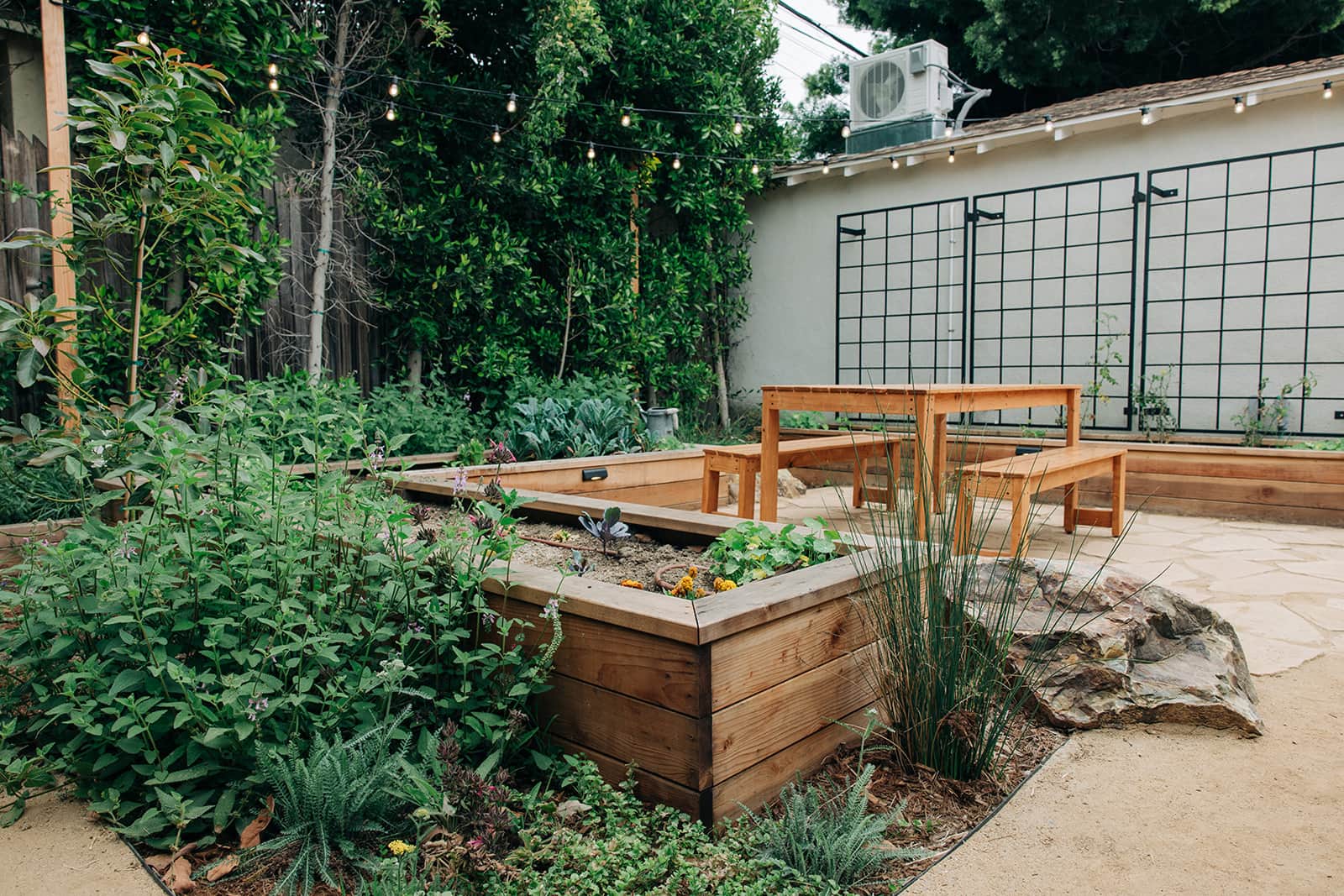 Backyard garden with wooden raised beds, green plants, stone patio, wooden picnic table, and string lights.