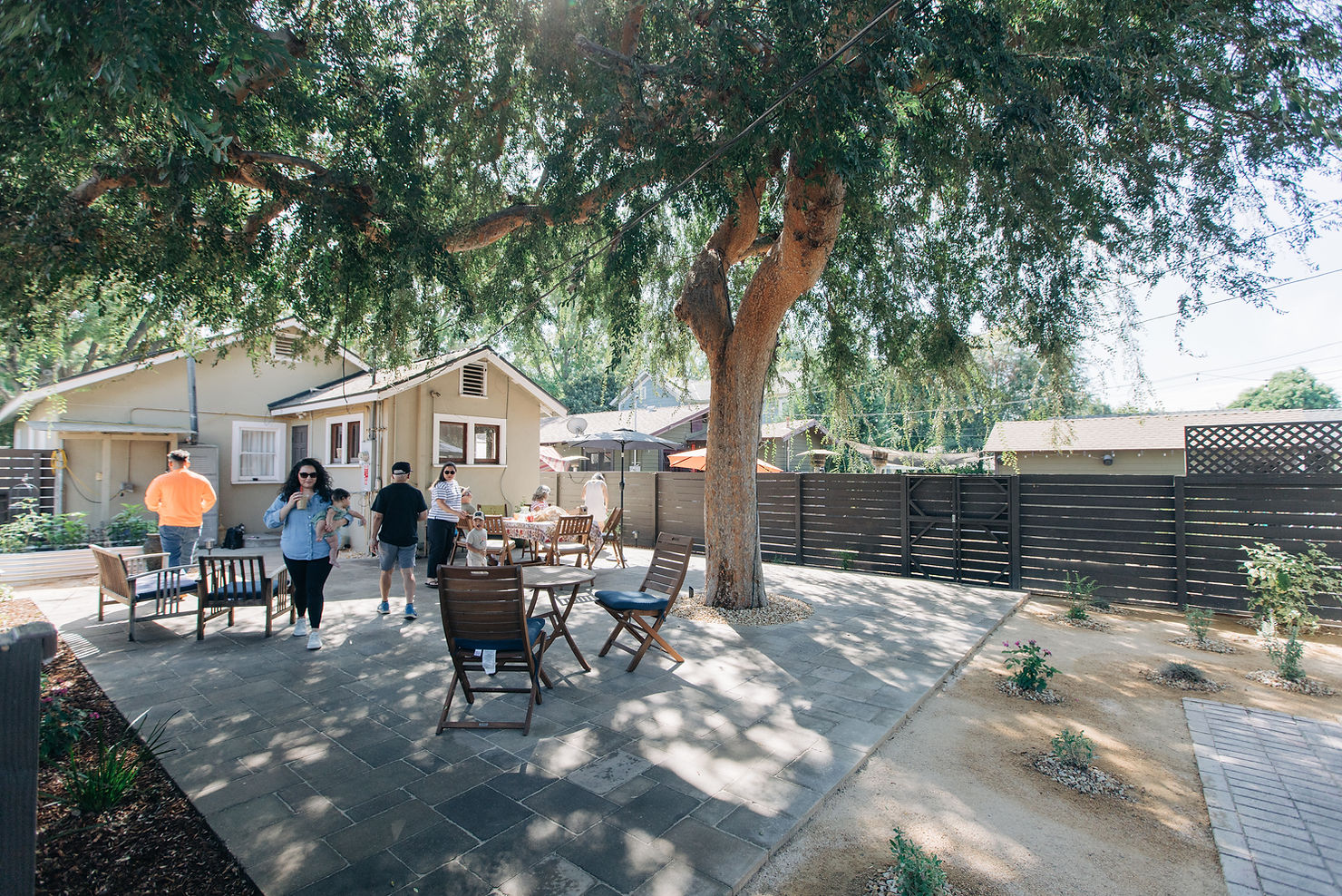 People relax and socialize in a sunny backyard with a large tree, wooden furniture, and a beige house. Casual, peaceful atmosphere.