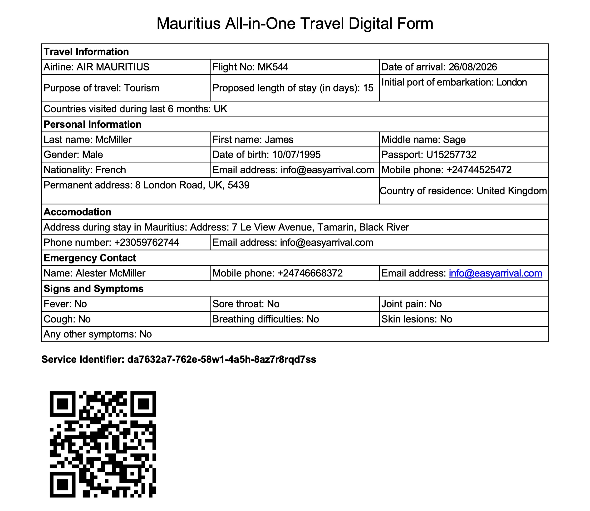 Mauritius All-in-One Travel Digital Form showing travel details for passenger James Sage McMiller, born 10/07/1995, male, French nationality, residing in the UK. Flight MK544 on Air Mauritius, arriving 26/08/2026 from London, visiting Mauritius for tourism for 15 days. Contact details include email info@easyarrival.com, mobile +24744525472, permanent UK address, and accommodation at 7 Le View Avenue, Tamarin, Black River with phone +23059762744. Emergency contact is Alester McMiller with mobile +24746668372 and email info@easyarrival.com. No symptoms reported including fever, sore throat, cough, or breathing difficulties. Includes a QR code and a service identifier.