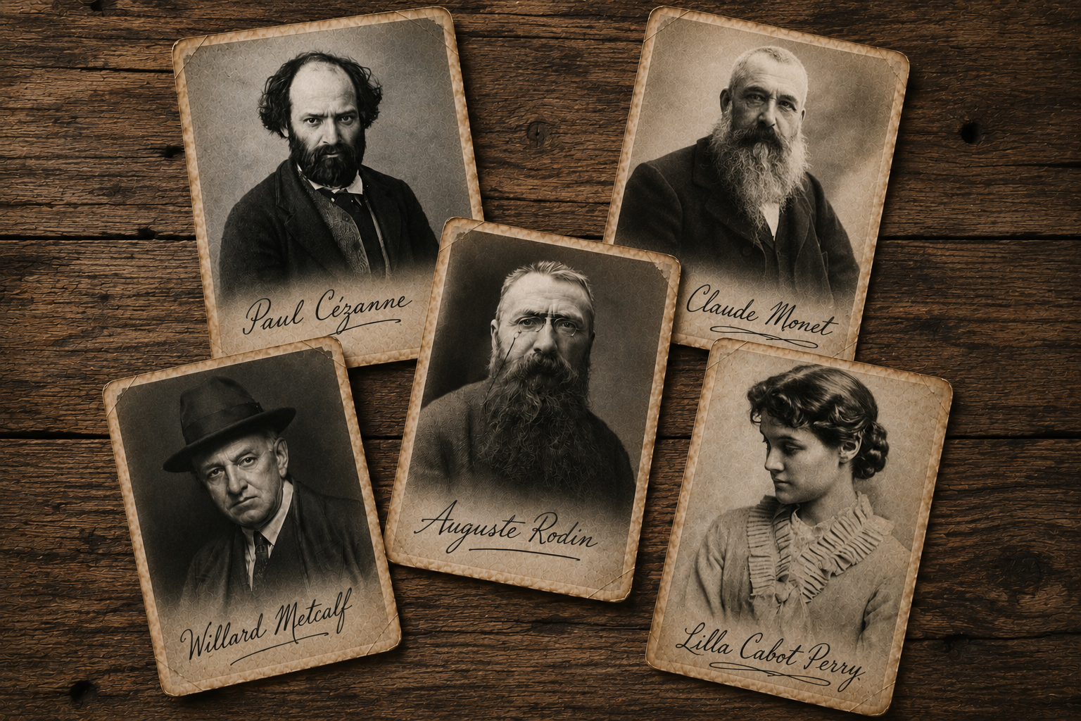 Paul Cézanne, Claude Monet, Willard Metcalf, Auguste Rodin et Lilla Cabot Perry, photo des artistes qui sont venues à l'Hôtel Baudy