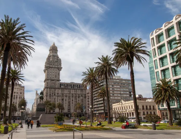 a large building with a clock tower surrounded by palm trees