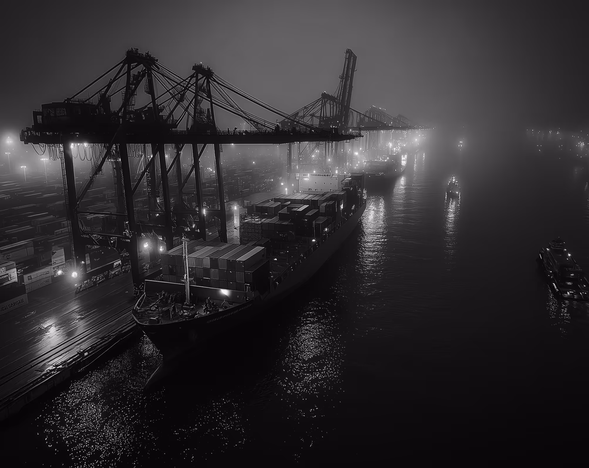 Night view of a large container ship docked at an illuminated port with cranes and smaller boats.