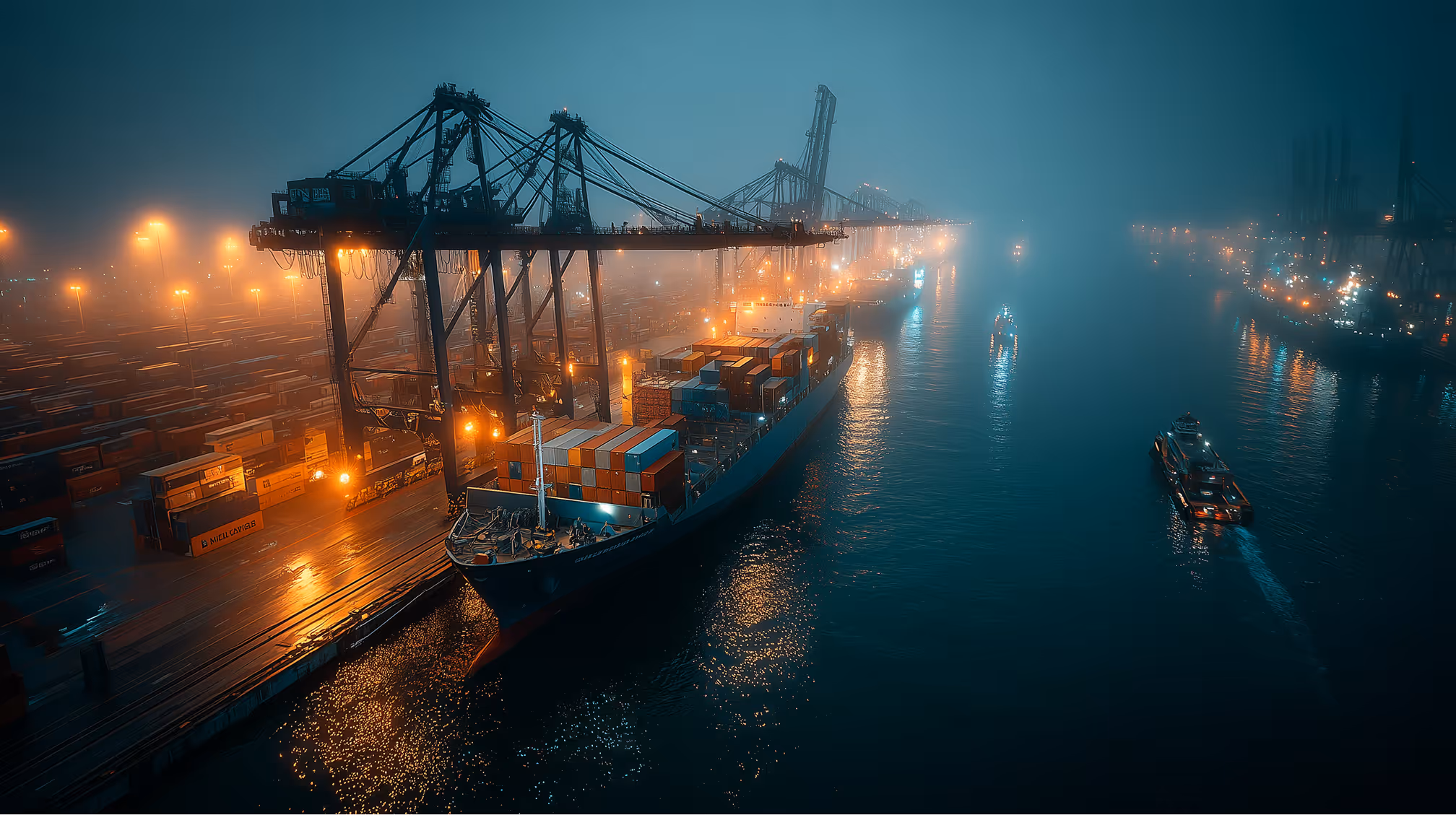 Cargo ships loaded with containers docked at a foggy port illuminated by orange lights at night.