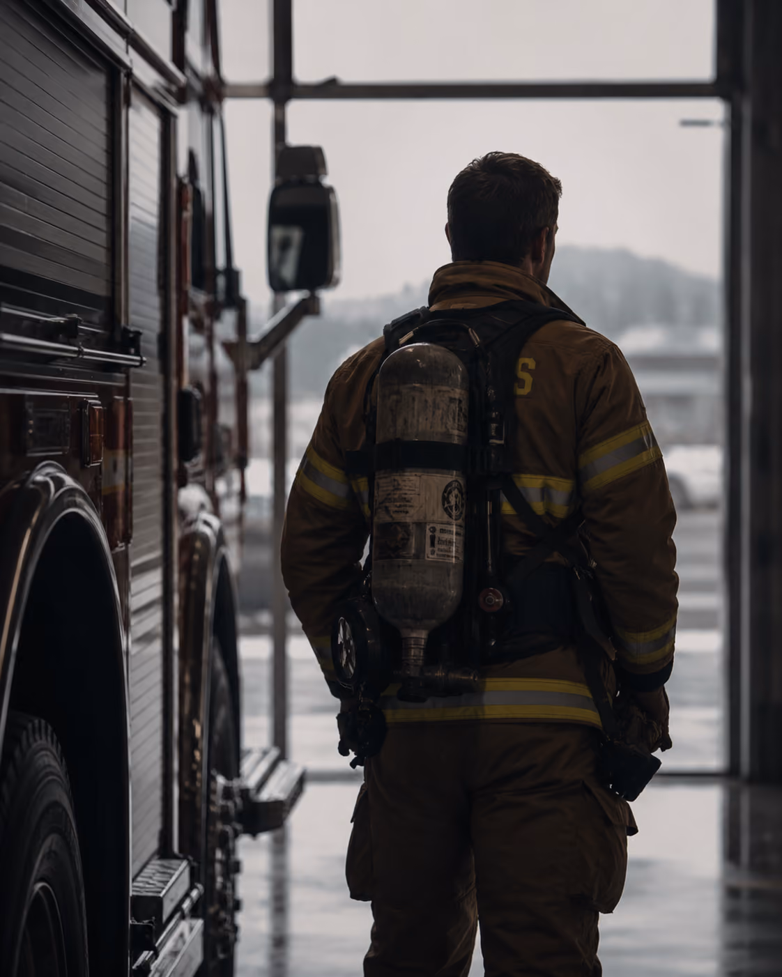 Firefighter in full gear with oxygen tank stands next to fire truck inside the station.