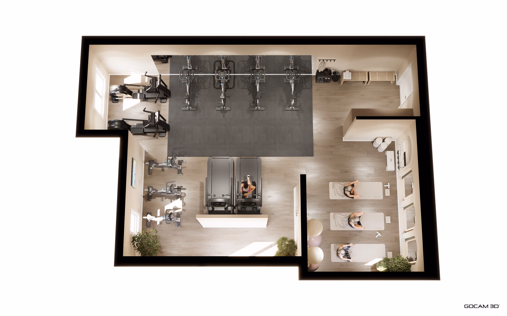 Plan 3D vu de haut du gym et du studio de yoga