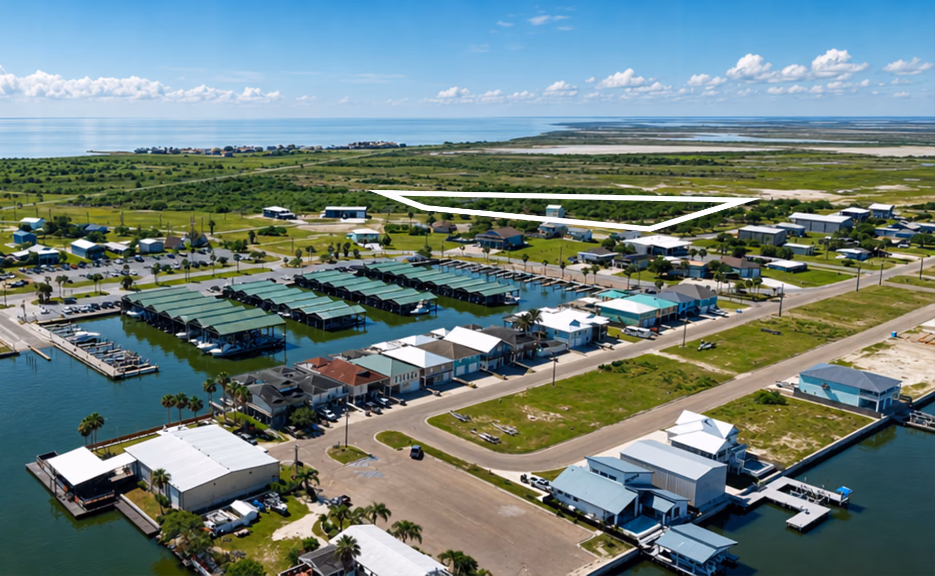 Aerial view of Port Mansfield harbor and New Port Subdivision