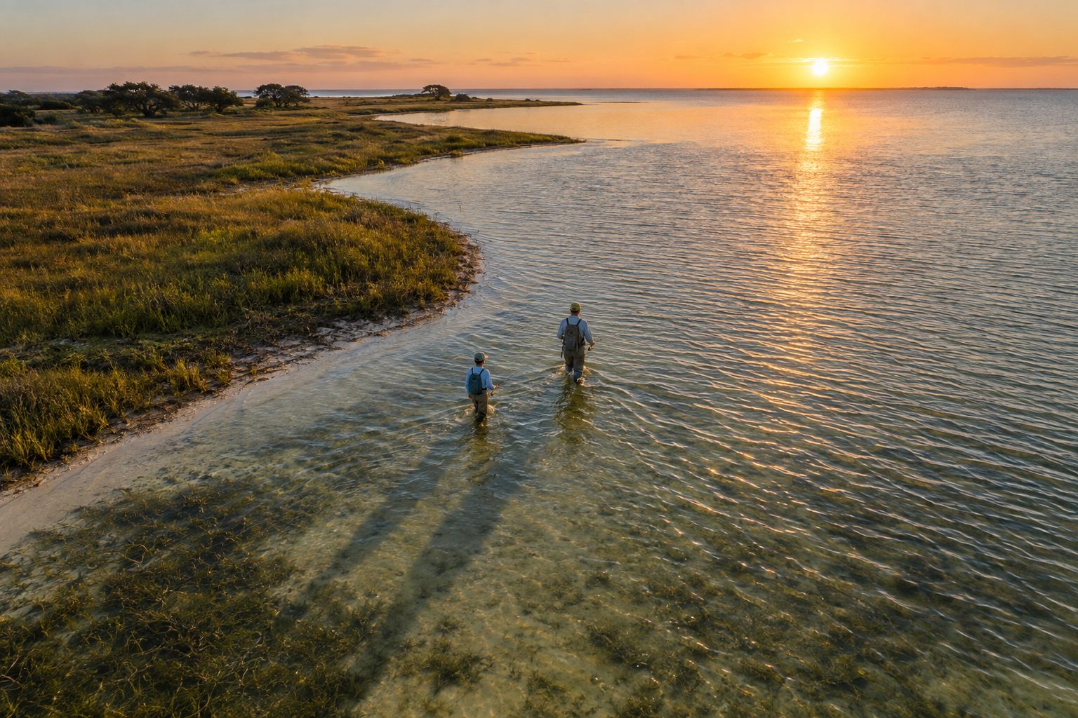 Two wade fishermen work a shallow grass flat at sunrise on the Lower Laguna Madre near Port Mansfield, Texas