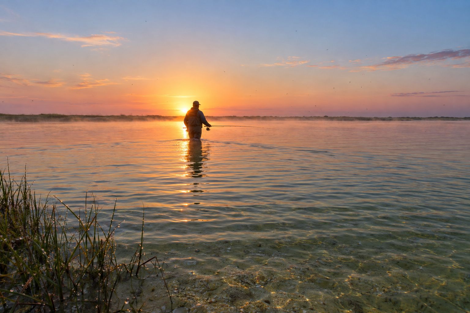A lone wade fisherman casts into shin-deep water at sunrise on the Lower Laguna Madre flats near Port Mansfield, Texas