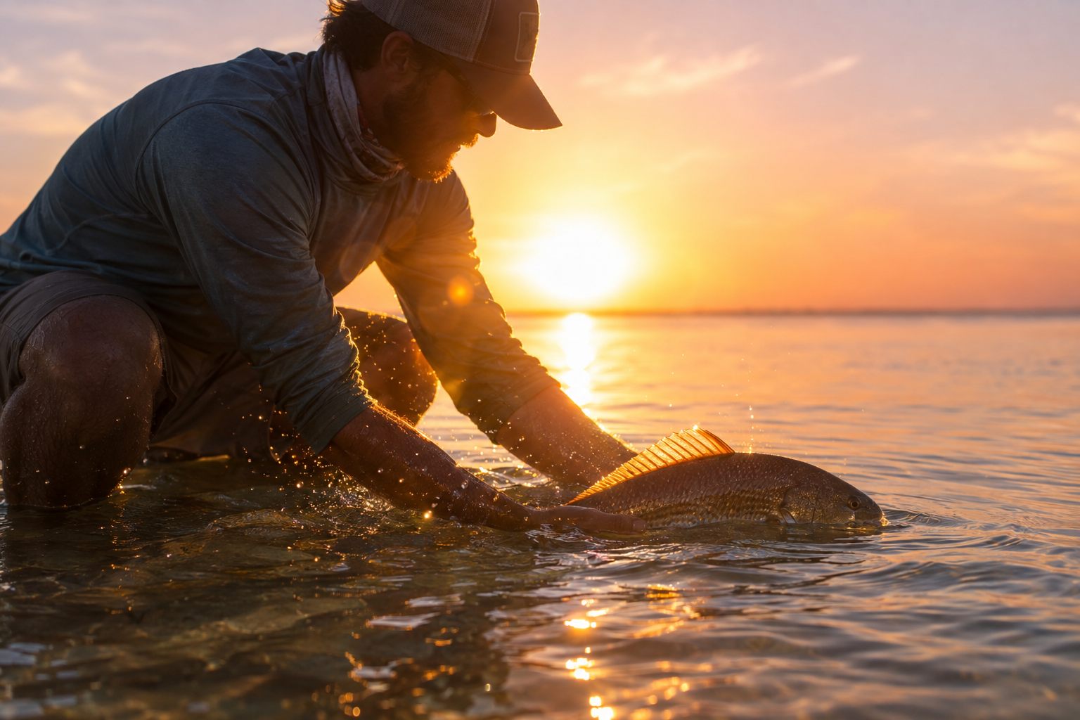 An angler releases a redfish back into the shallow water of the Laguna Madre at sunset near Port Mansfield, Texas