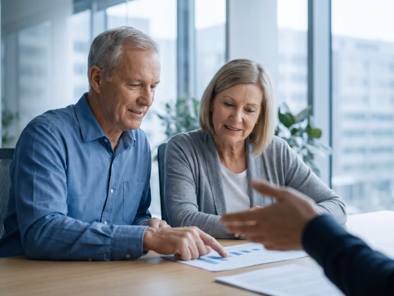 Senior couple reviewing documents with a consultant in a modern office with large windows.
