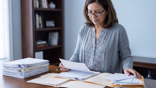 Woman wearing glasses reviewing papers at desk with stacks of documents and folders.