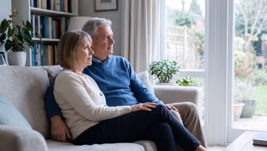 Older couple sitting side by side on a couch looking out a window in a cozy living room.
