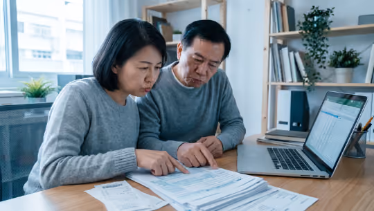 Couple sitting at a desk reviewing documents with a laptop open beside them.