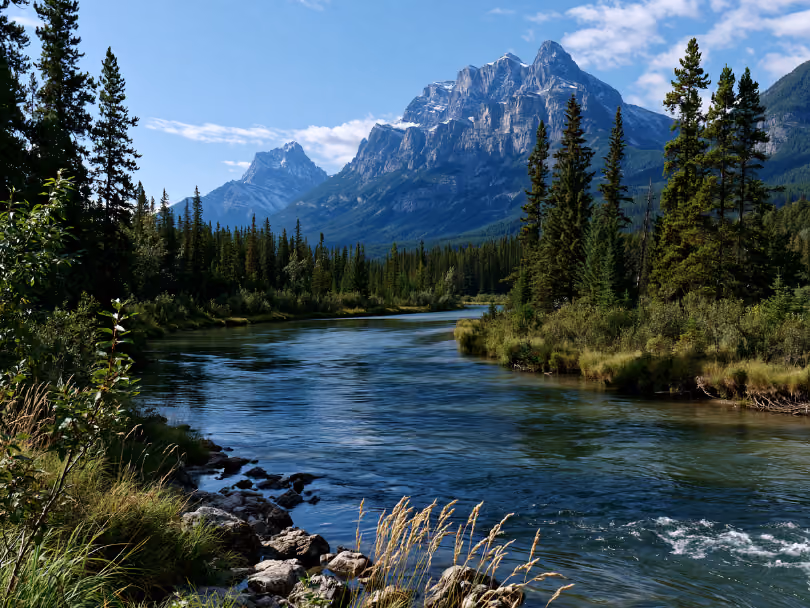 River flowing through forested area with tall pine trees and rocky mountains in the background under blue sky.