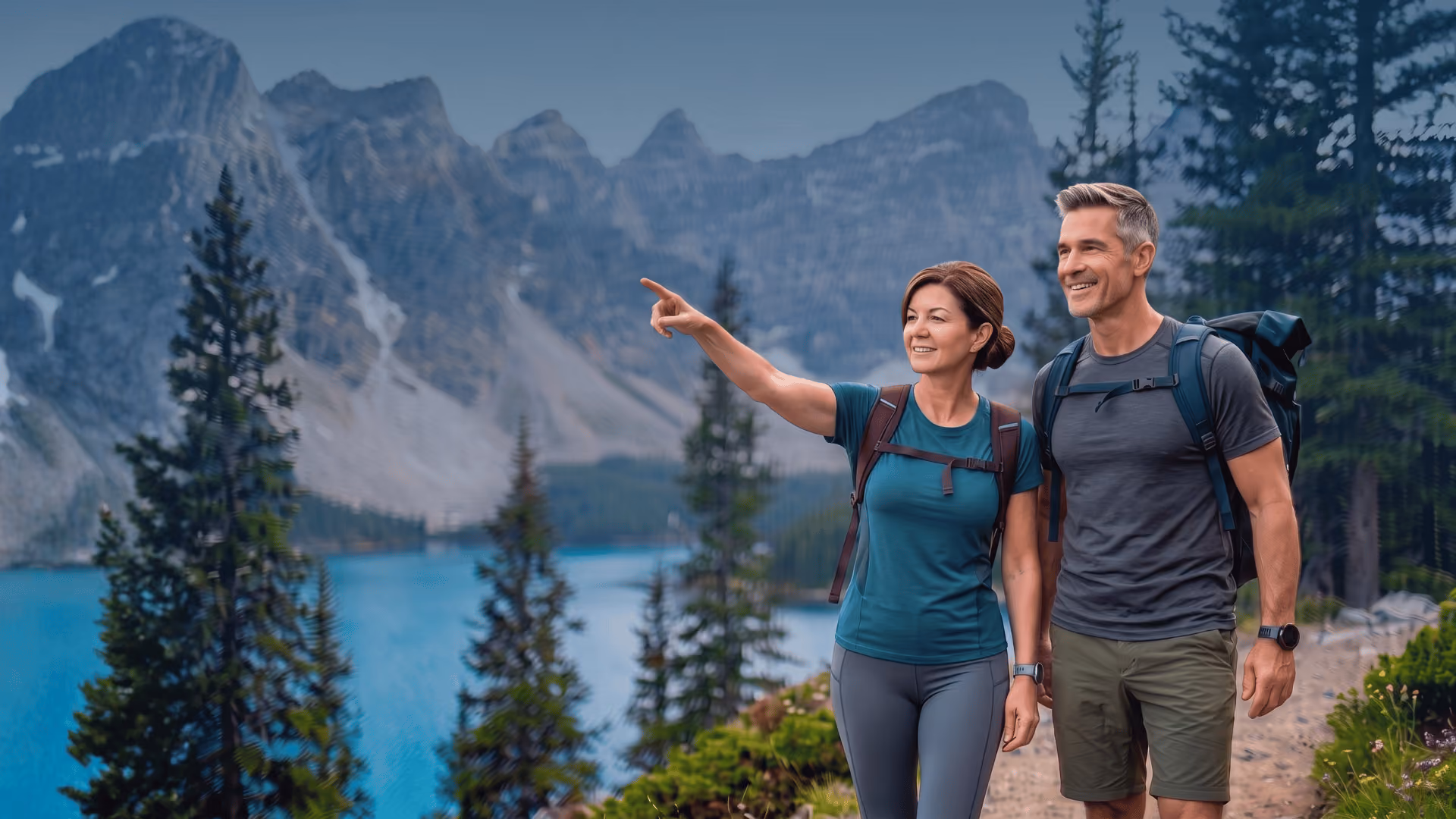 Couple hiking on a trail with backpacks by a turquoise lake and pine trees in the Canadian Rockies.