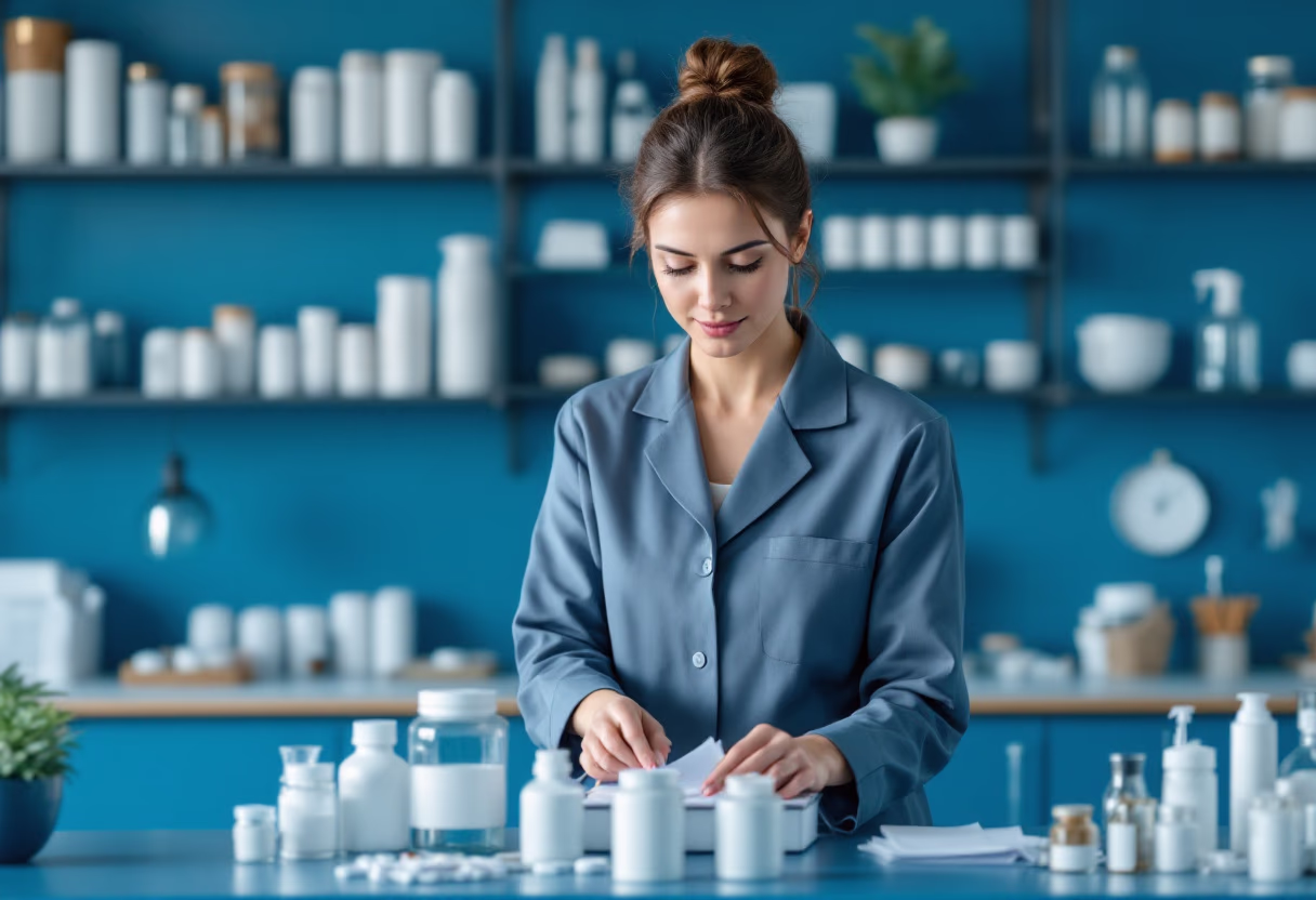 [background image] variety of pharmaceutical products on display (for a pharmacy)