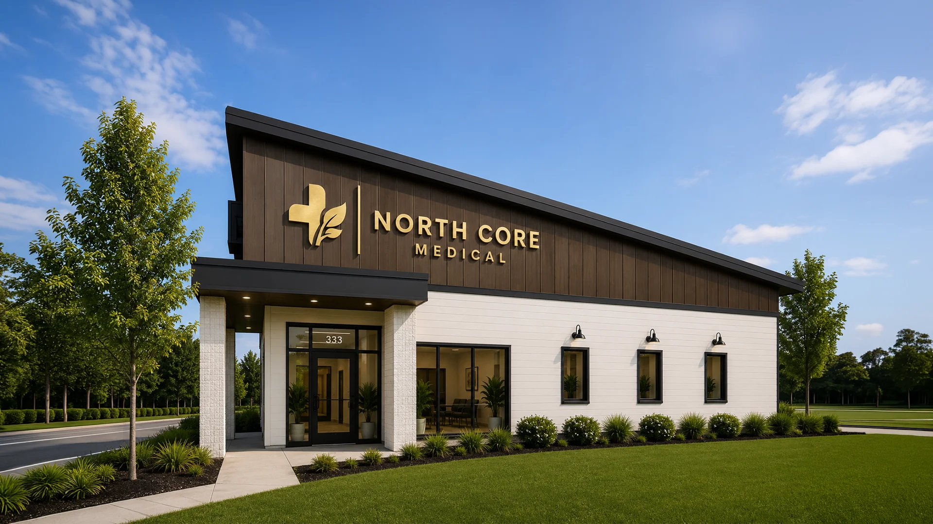 Modern North Core Medical building with dark and white exterior, glass entrance, and landscaped lawn.